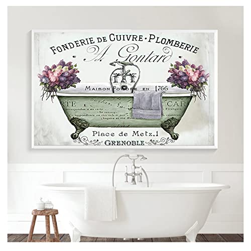 Vintage French Style Shabby Victorian Bathtub Canvas Prints Watercolor Floral Bathroom Wall Art Painting Pictures Decoration 40X60Cm Kein Rahmen von TANYANG