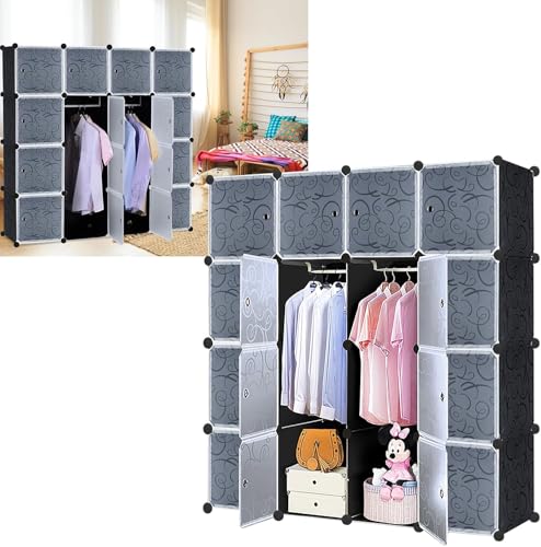 TANTEAR 16 Würfel DIY Regalsystem Aufbewahrung Badregale Tragbarer Faltschrank Kleiderschrank Mit Türen Kombischrank Schuhregal von TANYEAR