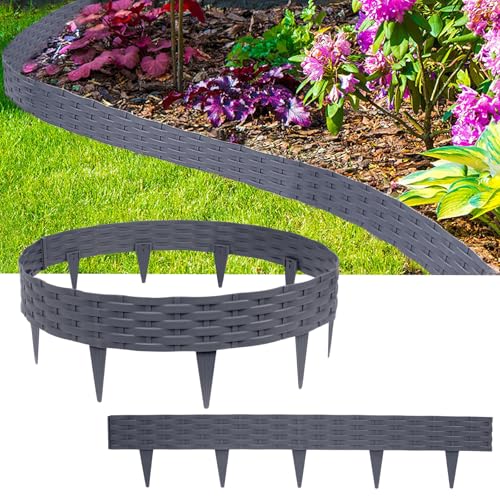 TANYEAR Rasenkante Kunststoff Beeteinfassung 10m Rattan-Optik Beetumrandung Gartenpalisade, Palisade mit 10 Elemente, Mähkante Beetzaun Beetumrandung Rattan, Grau von TANYEAR