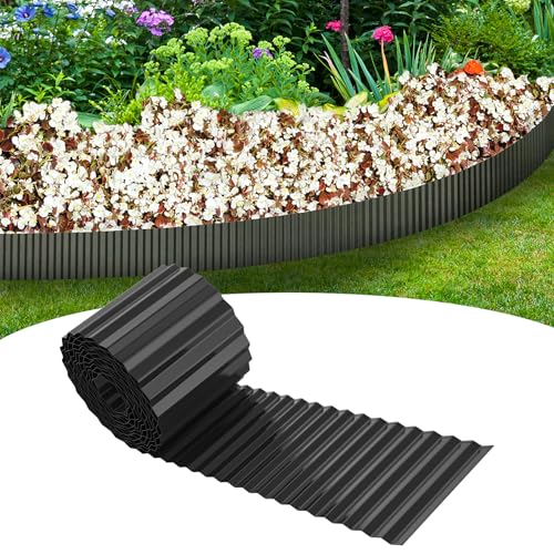 TANYEAR 10m Rasenkante Metall, Beetbegrenzung Verzinkt Rasenkante Flexible Beeteinfassung Gewellte, Beetumrandung Mähkante 15cm Höhe Rasenkanten Palisade, für Balkon Garten, Schwarz von TANYEAR