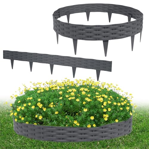 TANYEAR Rasenkante Kunststoff Beeteinfassung 5m Rattan-Optik Beetumrandung Gartenpalisade, Palisade mit 5 Elemente, Mähkante Beetzaun Beetumrandung Rattan, Anthrazit von TANYEAR