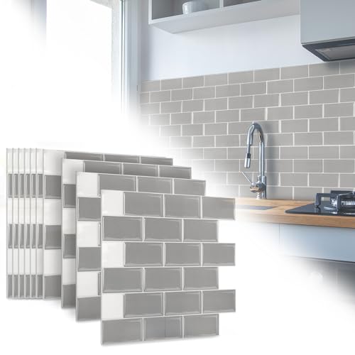 TANYEAR Fliesenaufkleber Tile Stickers Dickere Aufkleber Selbstklebende Vinyl Fliesen Klebefolie Wandaufkleber Fliesenfolie für Bad Küche, 10 Blatt, Graue Fliese von TANYEAR
