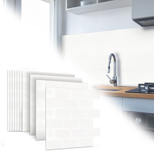 TANYEAR Fliesenaufkleber Tile Stickers Dickere Aufkleber Selbstklebende Vinyl Fliesen Klebefolie Wandaufkleber Fliesenfolie für Bad Küche, 10 Blatt, Hellweiße Fliese von TANYEAR