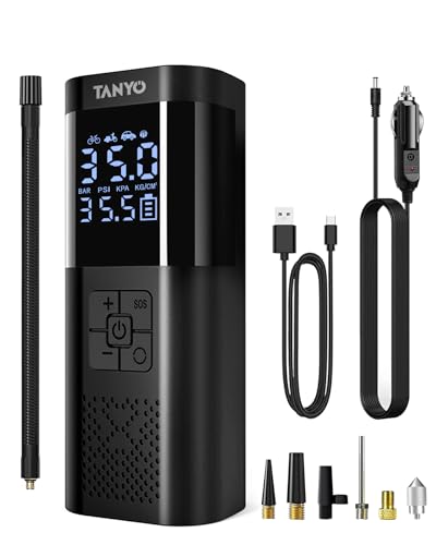 TANYO Elektrische Luftpumpe Fahrrad Akku Kompressor, 150PSI Mini Fahrradpumpe Elektrisch mit Manometer, Tragbare Luftpumpe Elektrisch mit USB LED Licht für Auto, Fahrrad, Motorrad, Bäll von TANYO