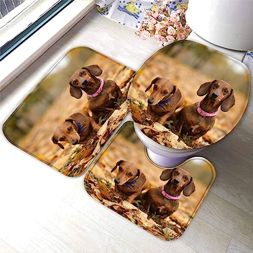 Badematte Set 3 Teilig 50x80 Dackel Badematten 3D rutschfest Waschbar Badvorleger WC Vorleger Deckelbezug U-Förmige Badteppich Badezimmer Tiere Herbstlandschaft Badezimmerdekoratio von TAOLU