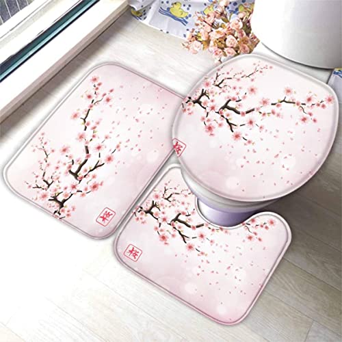 Badematte Set 3 Teilig 50x80 Japanische Kirschblüten Badematten 3D rutschfest Waschbar Badvorleger WC Vorleger Deckelbezug U-Förmige Badteppich Badezimmer Blume Rosa Badezimmerdekoratio von TAOLU