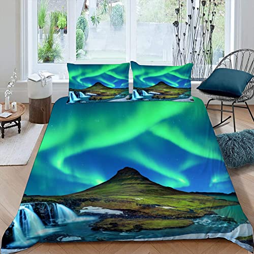 Bettwäsche-Set Nordlichter 3D Druck Bettbezug mit Reißverschluss Sommer Teenager Weiche Mikrofaser Isländische Naturlandschaft Bettbezüge Jungen Mädchen Bettwäsche 155x220 mit 2 Kissenbezug 80x80 cm von TAOLU