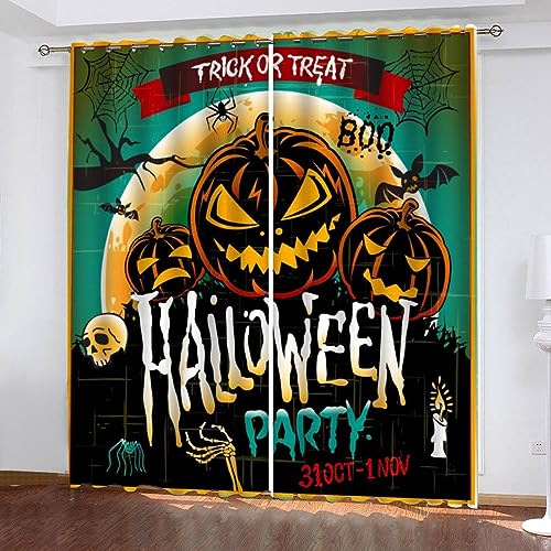 Halloween Gardinen Blickdicht Vorhänge 2er Set Vorhänge 3D Druck Modern Verdunkelungs Thermo mit Ösen Kürbislaterne Skelett Horror Vorhänge-Set für Wohnzimmer Schlafzimmer Kinderzimmer 200x200cm von TAOLU