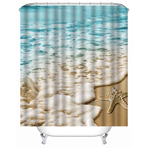 TAOLU 100% Polyester Stoff Duschvorhänge Anti-Schimmel 180x180 cm Wasserdicht Shower Curtain 3D Meer Sand Seesterne Bad Vorhäng Waschbar Duschvorhang für Badzimmer mit 12 Haken von TAOLU