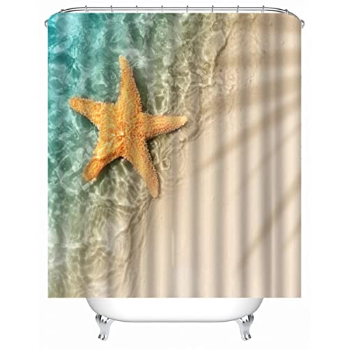 TAOLU 100% Polyester Stoff Duschvorhänge Anti-Schimmel 180x180 cm Wasserdicht Shower Curtain 3D Meer Sand Seesterne Bad Vorhäng Waschbar Duschvorhang für Badzimmer mit 12 Haken von TAOLU