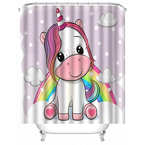 TAOLU 100% Polyester Stoff Duschvorhänge Anti-Schimmel 240x200 cm Wasserdicht Shower Curtain 3D Niedlich Regenbogen Einhorn Bad Vorhäng Waschbar Duschvorhang für Badzimmer mit 12 Rings von TAOLU