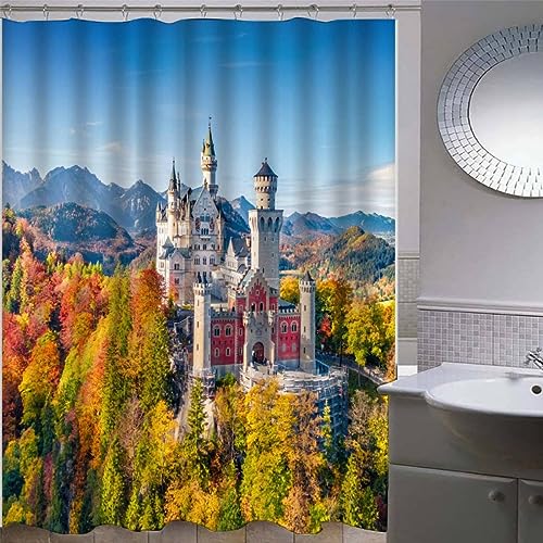 TAOLU 100% Polyester Stoff Duschvorhänge Neuschwanstein Shower Curtain Anti-Schimmel 240x200 Wasserdicht 3D Bad Vorhäng Waschbar Alpen Landschaft Burg Duschvorhänge für Badzimmer mit 12 Haken von TAOLU