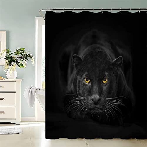 TAOLU 100% Polyester Stoff Duschvorhänge Schwarzer Panther Shower Curtain Anti-Schimmel 180x180 Wasserdicht 3D Bad Vorhäng Waschbar Tiere Natur Duschvorhänge für Badzimmer mit 12 Haken von TAOLU