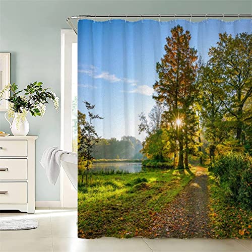 TAOLU 100% Polyester Stoff Duschvorhänge Wald Shower Curtain Anti-Schimmel 200x200 Wasserdicht 3D Bad Vorhäng Waschbar Herbstlandschaft Duschvorhänge für Badzimmer mit 12 Haken von TAOLU