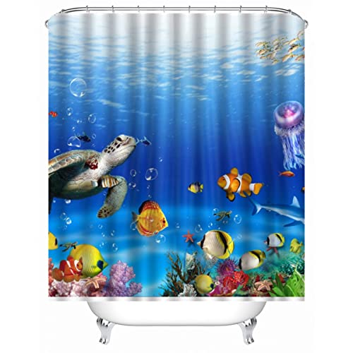 TAOLU 100% Polyester Stoff Duschvorhang Anti-Schimmel 180x200 cm Wasserdicht Shower Curtain 3D Meer Fische Schildkröten Badezimmer Vorhänge Waschbar Anti-Bakteriell Duschvorhänge mit 12 Haken von TAOLU