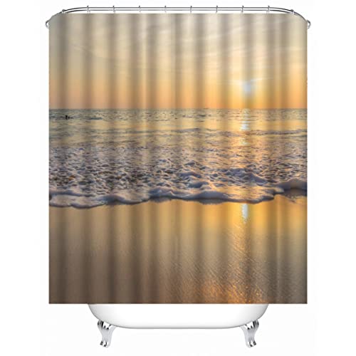 TAOLU 100% Polyester Stoff Duschvorhang Anti-Schimmel 180x200 cm Wasserdicht Shower Curtain 3D Meer Sand Sonnenuntergang Badezimmer Vorhänge Waschbar Anti-Bakteriell Duschvorhänge mit 12 Haken von TAOLU