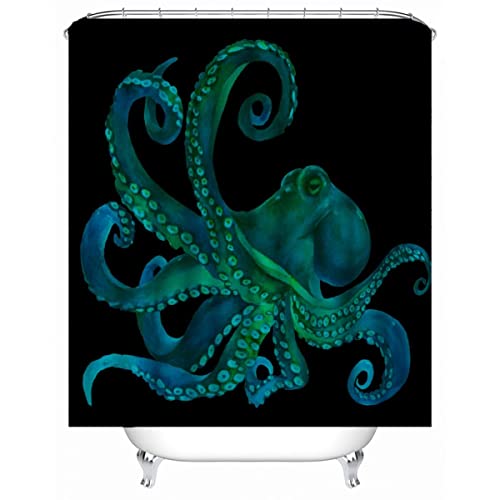 TAOLU 100% Polyester Stoff Duschvorhang Anti-Schimmel 180x200 cm Wasserdicht Shower Curtain 3D Ocean Blue Octopus Badezimmer Vorhänge Waschbar Anti-Bakteriell Duschvorhänge mit 12 Haken von TAOLU
