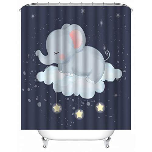 TAOLU 100% Polyester Stoff duschvorhang Anti-Schimmel 180x200 cm Wasserdicht Shower Curtain 3D Süß Sterne Elefanten Badezimmer Vorhänge Waschbar Anti-Bakteriell Duschvorhänge mit 12 Haken von TAOLU