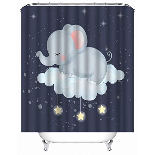 TAOLU 100% Polyester Stoff duschvorhang Anti-Schimmel 200x200 cm Wasserdicht Shower Curtain 3D Süß Sterne Elefanten Badvorhang Waschbar Duschvorhänge für Badzimmer mit 12 Rings von TAOLU