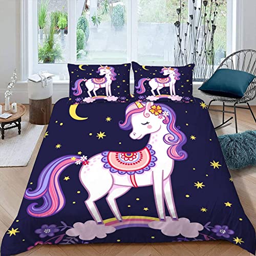 TAOLU Einhorn Kinderbettwäsche 135x200 Jungen Mädchen Bettbezug Weiche Mikrofaser Bettwäsche-Set 3Teilig mit 2 Kissenbezug 80x80 Nachthimmel Regenbogen Bettbezüge mit Versteckter Reißverschluss von TAOLU