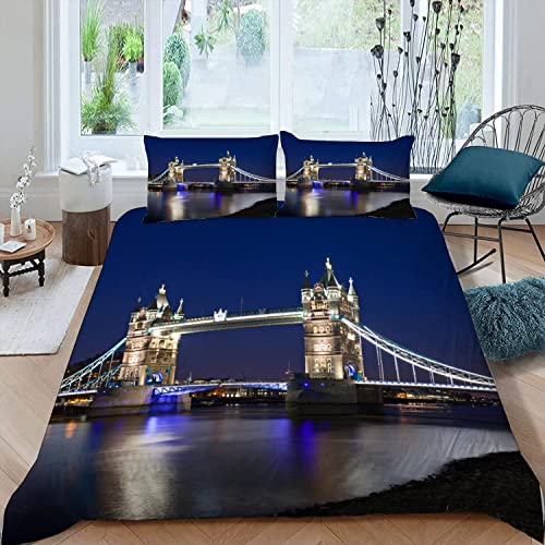 TAOLU London Bridge Bettwäsche 155x220 Teenager Bettbezug Modern Leicht Mikrofaser Sommer Bettwäsche-Set 3Teilig mit 2 Kissenbezug 80x80 Modernes Stadtbild Bettbezüge mit Versteckter Reißverschluss von TAOLU