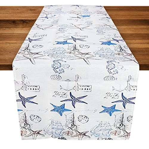 TAOPE Meerestiere Tischläufer, Blau Seesterne Tisch Läufer Leinen 40 x 140 cm Marine Life Tischläufer für Haus Küche Abendessen Urlaub Party Tischdekoration von TAOPE