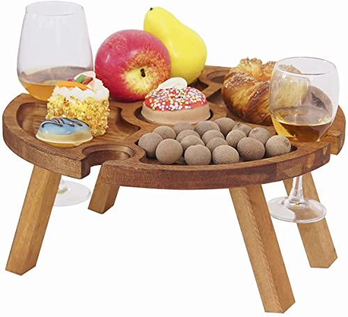 TAOQILE Outdoor Wine Table Folding Wine Table, Wooden Outdoor Folding Picnic Table with Wine Glass Holder, Portable Wine Table Picnic, Round Wine Glass Rack ?Cheese Holder Tray for Camping von TAOQILE