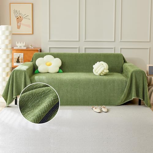 TAOTAOGO Sofaüberzug für 2/3/4 Sitzer, L-förmige Ecksofas, Fischgrätmuster Einfarbige Chenille Sofa Überwurfdecke, Waschbar Sofaüberwurf, Couchüberzug mit Quasten B Grün 180x300cm von TAOTAOGO