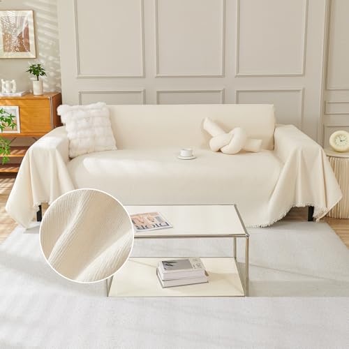 TAOTAOGO Sofa Überwurfdecke für 2/3 Sitzer, L-förmige Ecksofas, Einfarbige Chenille Kratzfest Sofaüberzug, Waschbar Sofaüberwurf, haustierfreundlich Couchüberzug mit Quasten F Beige 180x300cm von TAOTAOGO