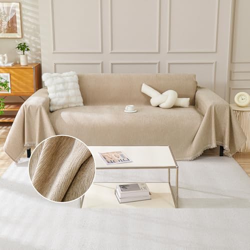 TAOTAOGO Sofa Überwurfdecke für 2/3/4 Sitzer, L-förmige Ecksofas, Einfarbige Chenille Kratzfest Sofaüberzug, Waschbar Sofaüberwurf, haustierfreundlich Couchüberzug mit Quasten F Khaki 180x260cm von TAOTAOGO