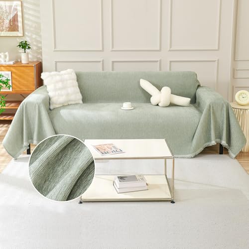 TAOTAOGO Sofa Überwurfdecke für 3/4 Sitzer, L-förmige Ecksofas, Einfarbige Chenille Kratzfest Sofaüberzug, Waschbar Sofaüberwurf, haustierfreundlich Couchüberzug mit Quasten F Grün 180x340cm von TAOTAOGO