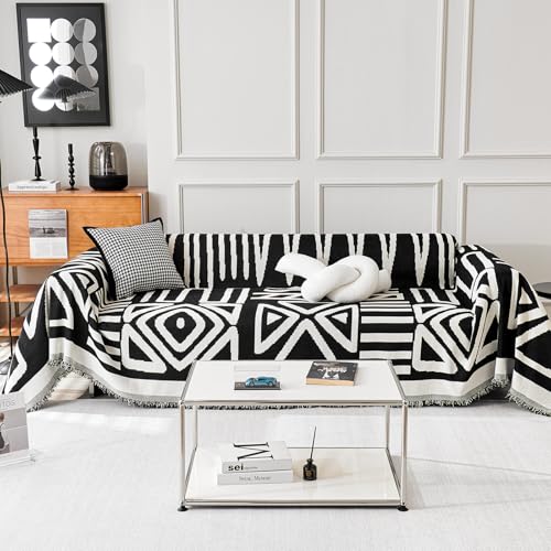 TAOTAOGO Sofaüberzug für 1/2 Sitzer, L-förmige Ecksofas, Boho AB Seiten Chenille Sofa Überwurfdecke, Waschbar Sofaüberwurf, Ganzjährig Nutzbar Couchüberzug mit Quasten, A Schwarz 180x260cm von TAOTAOGO