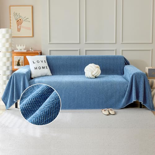 TAOTAOGO Sofaüberzug für 1/2 Sitzer, L-förmige Ecksofas, Fischgrätmuster Einfarbige Chenille Sofa Überwurfdecke, Waschbar Sofaüberwurf, Couchüberzug mit Quasten B Blau 180x260cm von TAOTAOGO