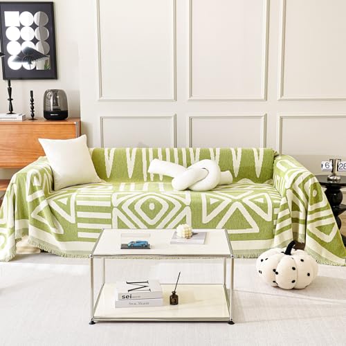 TAOTAOGO Sofaüberzug für 2/3/4 Sitzer, L-förmige Ecksofas, Boho AB Seiten Chenille Sofa Überwurfdecke, Waschbar Sofaüberwurf, Ganzjährig Nutzbar Couchüberzug mit Quasten, A Grün 180x300cm von TAOTAOGO
