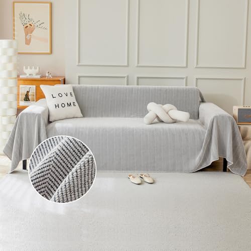 TAOTAOGO Sofaüberzug für 2/3 Sitzer, L-förmige Ecksofas, Fischgrätmuster Einfarbige Chenille Sofa Überwurfdecke, Waschbar Sofaüberwurf, Couchüberzug mit Quasten B Hellgrau 180x300cm von TAOTAOGO