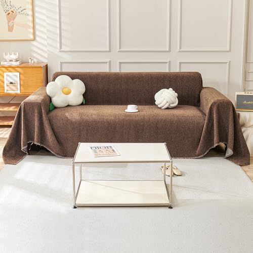 TAOTAOGO Sofaüberzug für 2/3/4 Sitzer, L-förmige Ecksofas, Fischgrätmuster Einfarbige Chenille Sofa Überwurfdecke, Waschbar Sofaüberwurf, Couchüberzug mit Quasten B Kaffee 180x260cm von TAOTAOGO