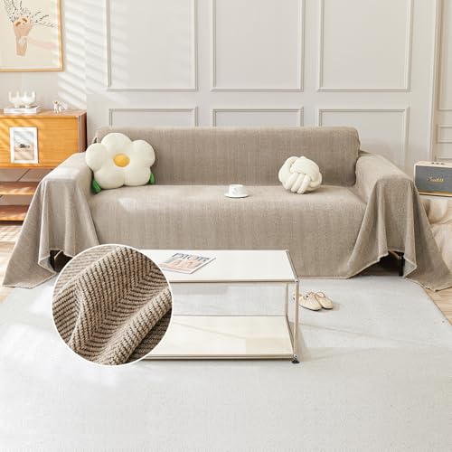 TAOTAOGO Sofaüberzug für 4 Sitzer, L-förmige Ecksofas, Fischgrätmuster Einfarbige Chenille Sofa Überwurfdecke, Waschbar Sofaüberwurf, Couchüberzug mit Quasten B Kamel 180x380cm von TAOTAOGO