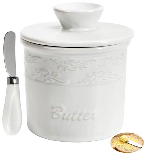 TAOUNOA Butterbehälter mit Messer – Französische Butterdose mit Deckel für Arbeitsplatte, Keramik-Buttertopf mit wasserbedecktem Butterhalter für Küche, Weiß von TAOUNOA