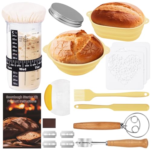 Gärkorb Sauerteig Startet Set mit Sauerteig Glas und Silikon Gärkorb Brot Natur Roggenbrot Gärkorb, Handgebacken Brotbackset,Brotkorb mit Tasche Backunterlagen,Bäcker Geschenk Sauerteig Brot Bakset von TAOVEEK