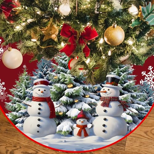 Weihnachtsbaum Decke Weihnachten Decor, 120cm Dunkel Rot Weihnachtsbaum Rock, Rund Weihnachtsbaumdecke mit Schneemann, Polyester Tannenbaumdecke, Schneelandschaft Christbaumdecke für Weihnachten Party von TAOYE