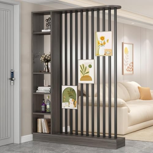 TAPAUVCK 1 Set stilvolles Raumteiler-Bücherregal aus Holz – for das Home Office und dekorative Wandtrennwand(Gray Oak+Black,55.1x9.4x79.5in) von TAPAUVCK