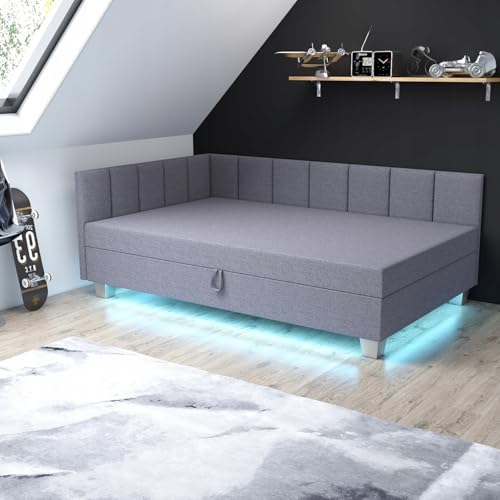 TAPCZANY24 - Bett mit Matratze Marcela+ 110 cm Breite, Polsterbett mit Bettkasten, Schlafsofa mit Taschenfederkernmatratze, Einzel Bed mit LED-Beleuchtung, Komfortabel Bette - Lux-Grau von TAPCZANY24