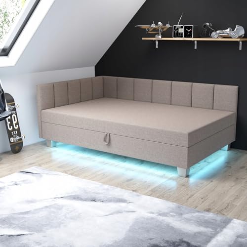 TAPCZANY24 - Bett mit Matratze Marcela+ 120 cm Breite, Polsterbett mit Bettkasten, Schlafsofa mit Taschenfederkernmatratze, Einzel Bed mit LED-Beleuchtung, Komfortabel Bette - Lux-Keksbeige von TAPCZANY24