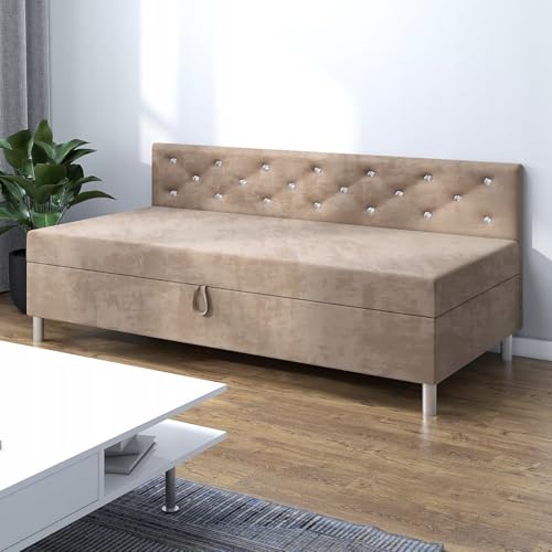 TAPCZANY24 - Bett mit Matratze Princess+ 115 cm Breite, Polsterbett mit Bettkasten, Schlafsofa mit Taschenfederkernmatratze, Einzel Bed mit Veloursbezug, Komfortabel Bette - Velour Taupe von TAPCZANY24