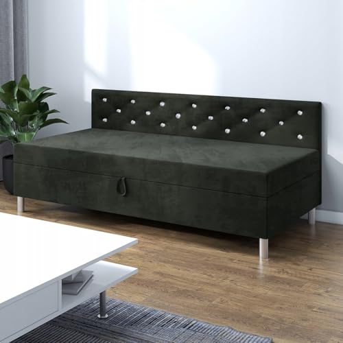 TAPCZANY24 - Bett mit Matratze Princess+ 125 cm Breite, Polsterbett mit Bettkasten, Schlafsofa mit Taschenfederkernmatratze, Einzel Bed mit Veloursbezug, Komfortabel Bette - Velour Schwarz von TAPCZANY24