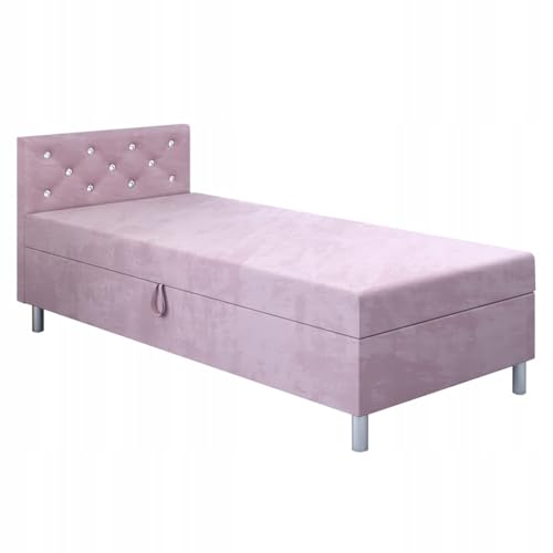 TAPCZANY24 - Bett mit Matratze Princess 100 cm Breite, Polsterbett mit Bettkasten, Schlafsofa mit Taschenfederkernmatratze, Einzel Bed mit Veloursbezug, Komfortabel Bette - Puderrosa Velour von TAPCZANY24