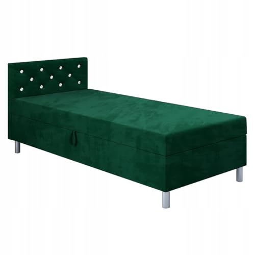 TAPCZANY24 - Bett mit Matratze Princess 90 cm Breite, Polsterbett mit Bettkasten, Schlafsofa mit Taschenfederkernmatratze, Einzel Bed mit Veloursbezug, Komfortabel Bette - Flasche Grüner Velours von TAPCZANY24