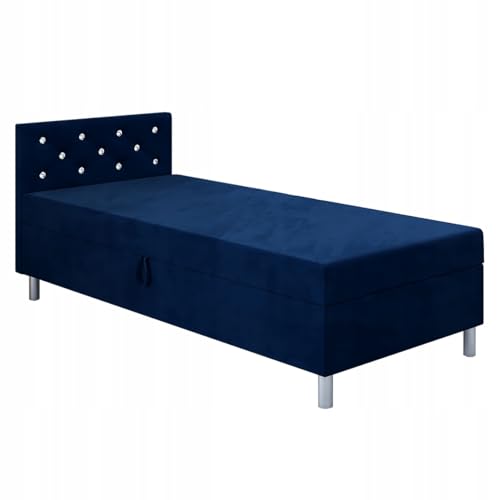 TAPCZANY24 - Bett mit Matratze Princess 90 cm Breite, Polsterbett mit Bettkasten, Schlafsofa mit Taschenfederkernmatratze, Einzel Bed mit Veloursbezug, Komfortabel Bette - Navy Blue Velour von TAPCZANY24