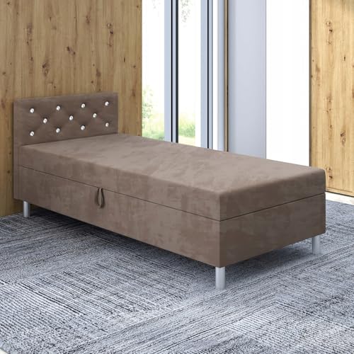 TAPCZANY24 - Bett mit Matratze Princess 90 cm Breite, Polsterbett mit Bettkasten, Schlafsofa mit Taschenfederkernmatratze, Einzel Bed mit Veloursbezug, Komfortabel Bette - Velour Taupe von TAPCZANY24