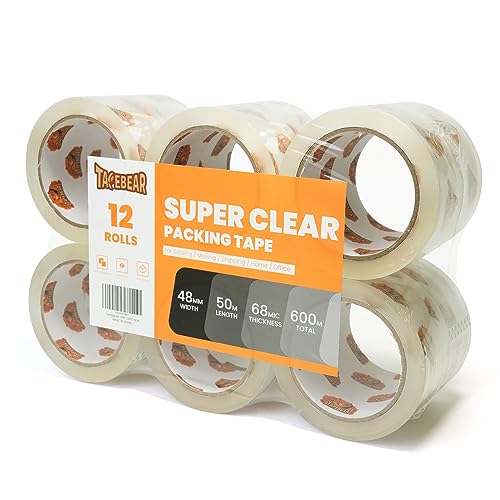 TAPEBEAR 12 Rollen Paketklebeband Superklar Paketbänder Paketklebeband 48mm x 50m Transparent Verpackungsklebeband Paketband Stärke 2.7mil für Versand, Umzug und Lagerung von TAPEBEAR